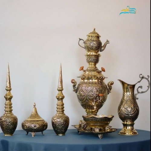 سرویس سماور، تنگ شاخدار و گز خوری 200 مثقالی، با کیفیت عالی، طرح اسلیمی، قلمزنی ظریف و خاص | چترزندگی