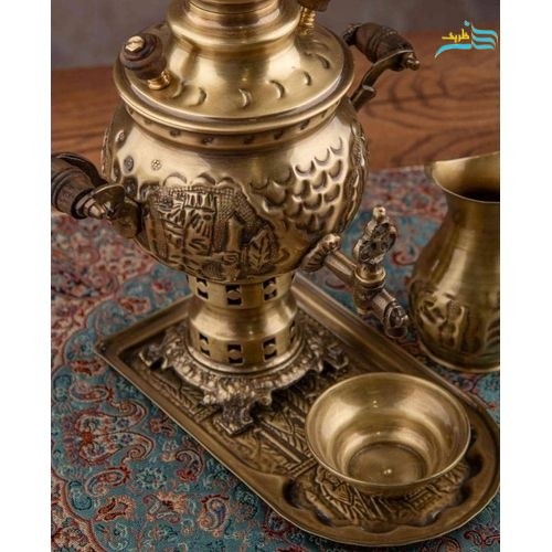 سرویس سماور زغالی قلمزنی 1 لیتری روکش نانو با طرح بی نظیر هخامنشی، با کیفیت اعلاء
