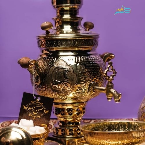 سرویس سماور زغالی برنجی 1 لیتری طرح زیبای هخامنشی با ورق ضخیم، درجه یک