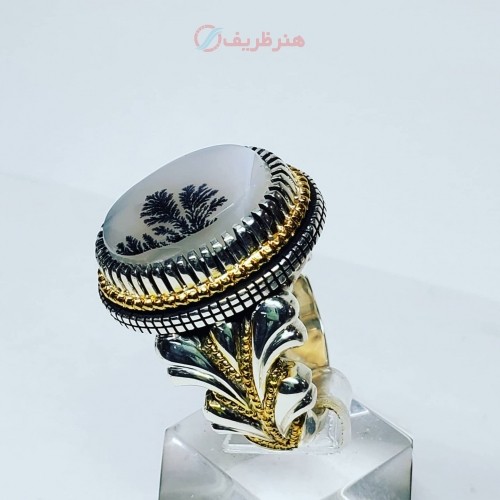 انگشتر مردانه دستساز آلیاژ طلا و نقره با نگین شجر کلکسیونی، ساده و شکیل، رکاب ضخیم