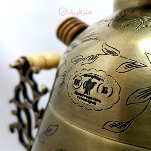 سماور 6 لیتری زغالی برنجی با قلم زنی بسیار زیبا، مدل جام دسته شاخ گوزنی، با کیفیت اعلاء