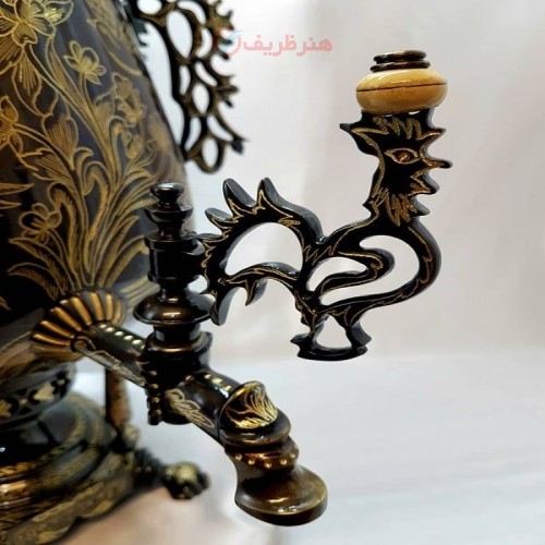 سرویس 4 تکه سماور 8 لیتری برنجی زغالی مدل جام، قلم زنی بسیار خاص و متفاوت، آبکاری تیره و خاکستری