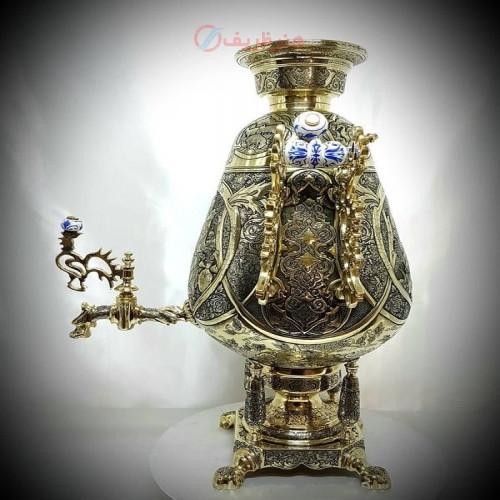 سماور 8 لیتری برنجی زغالی مدل جام با دسته های شاخ  گوزنی بزرگ، قلمزنی تلفیقی ریزه قلم ختایی