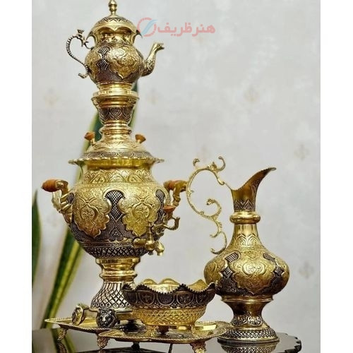 سرویس 4 لیتری سماور قلمزنی استادانه دست با آبکاری شبه طلا و روکش کوره ای، کاملا جدید و شیک - چترزندگی
