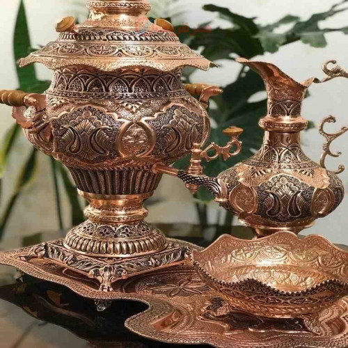 سرویس کامل سماور 6 لیتری زغالی مسی با ورق 1.5 میل، طراحی کاملا جدید، قلم زنی عالی