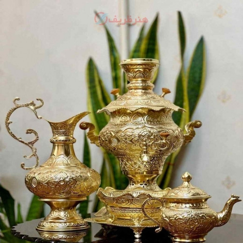 سرویس سماور 3.5 لیتری زغالی تنوره دار برنجی به رنگ طلایی با طراحی جدید و قلم زنی اعلاء - چترزندگی