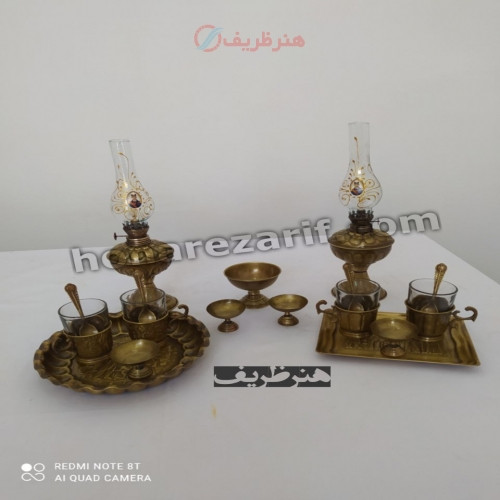 چراغ گردسوز برنجی با چایخوری برنجی، ورق اعلاء، قابل استفاده و کاربردی، شکیل و زیبا - چترزندگی