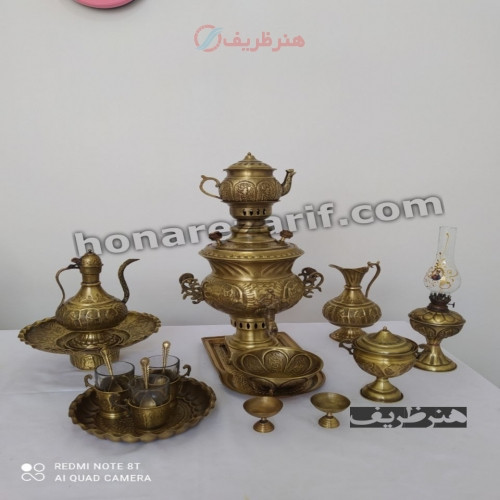 سرویس کامل سماور 3.5 لیتری زغالی برنجی،قلم زنی بسیار زیبا، لبه دار دسته توری - چترزندگی