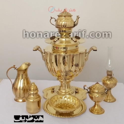 سرویس کامل سماور 6 لیتری زغالی برنجی، 12 ضلعی صادراتی و فوق سنگین، با کیفیت عالی ورق - چترزندگی