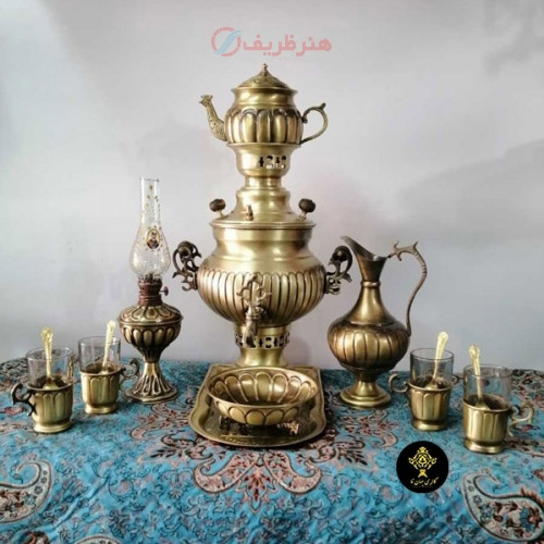 سرویس سماور 14 تکه زغالی برنجی دست ساز، آنتیک نانو، مدل خطی، ورق ضخیم، کیفیت اعلاء - چترزندگی