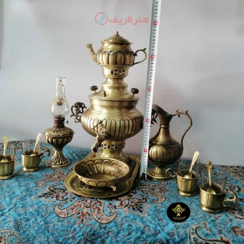 سرویس سماور 14 تکه زغالی برنجی دست ساز، آنتیک نانو، مدل خطی، ورق ضخیم، کیفیت اعلاء