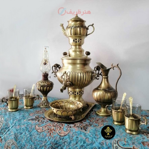 سرویس سماور 14 تکه زغالی برنجی دست ساز، آنتیک نانو، مدل خطی، ورق ضخیم، کیفیت اعلاء