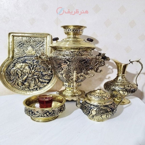 سرویس سماور6 لیتری  زغالی برنجی سفارشی ساز، قلمزنی طرح مینیاتور پر کار، دسته تور، شیر بزرگ با کیفیت اعلاء - چترزندگی