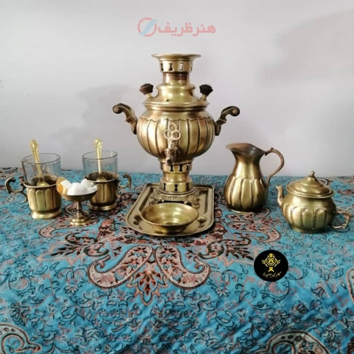سرویس 1 لیتری سماور زغالی برنجی، 10 تکه بسیار زیبا، دست ساز