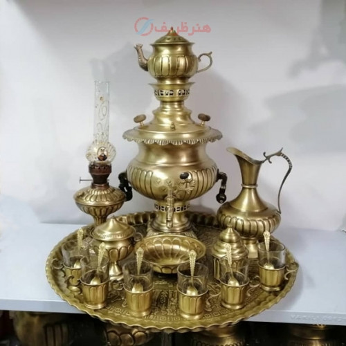 سرویس کامل سماور برنجی زغالی، سنگین وزن، دست ساز با قلم عالی - چترزندگی