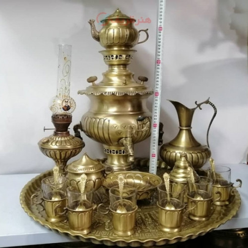 سرویس کامل سماور برنجی زغالی، سنگین وزن، دست ساز با قلم عالی