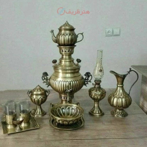 سرویس کامل سماور 3 لیتری زغالی برنجی، قلمزنی ساده و زیبا، کیفیت عالی - چترزندگی