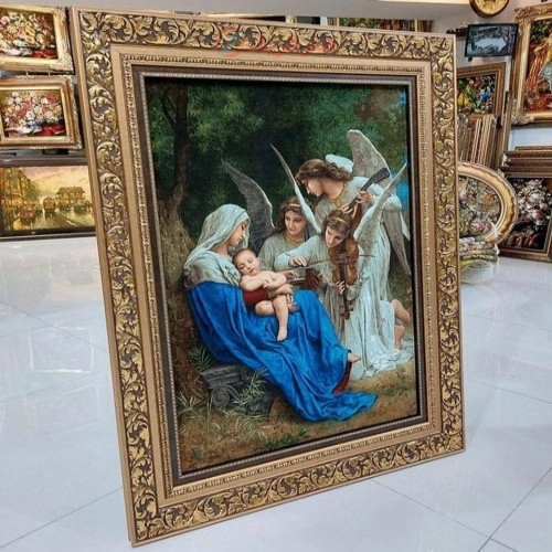 تابلو فرش تبریز بافته شده با دست در طرح تولد مسیح، مارکدار با چله ابریشم