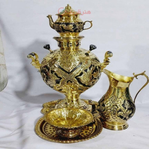سرویس سماور 6 لیتری، جهان نما زغالی، قلم زنی گل و مرغ طلایی رنگ ثابت، با ورق ضخیم و با کیفیت