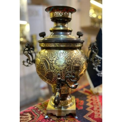 مشخصات سرویس سماور شش توپی دسته توری طرح قلم پایه مربع بزرگ، رنگ ثابت، ورق ضخیم، کیفیت درجه یک | هنرظریف