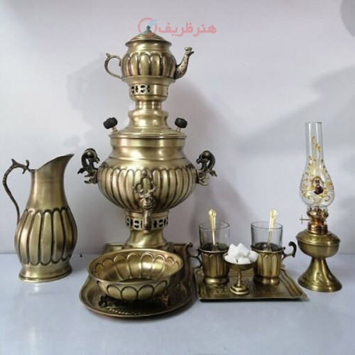 خرید سرویس سماور زغالی برنجی ۱۲ پارچه ظرفیت 3 لیتر |هنر ظریف