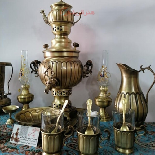 سرویس سماور زغالی برنجی آتشی ۲۰ پارچه ظرفیت 3 لیتر