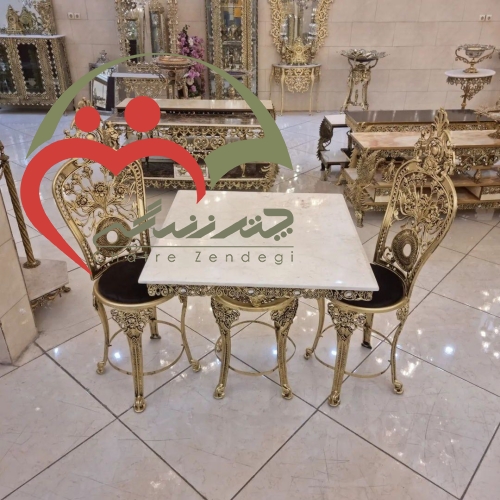 خرید، قیمت و مشخصات میز ناهار خوری شیک و کم جا دو نفره مربع برنزی طرح گل رز با سنگ مرمر و ارزان - چترزندگی