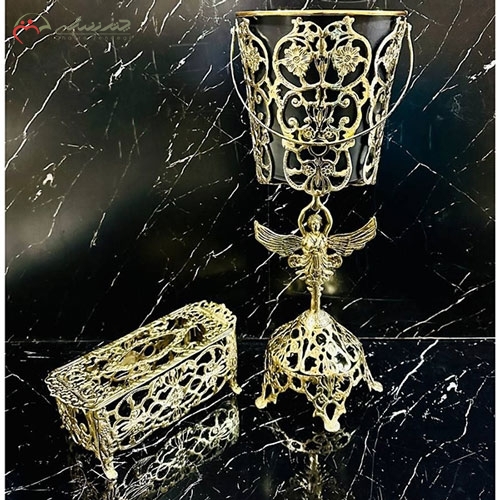 خرید، قیمت و مشخصات سطل و جا دستمالی بزرگ مدرن و لوکس برنزی، طرح بانوی بالدار و گل یاس زیر قیمت - چترزندگی