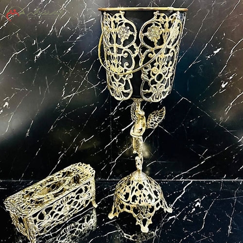 خرید، قیمت و مشخصات سطل و جا دستمالی بزرگ، مدرن و زیبا برنزی، طرح ملکه کوچک و گل یاس ارزان - چترزندگی