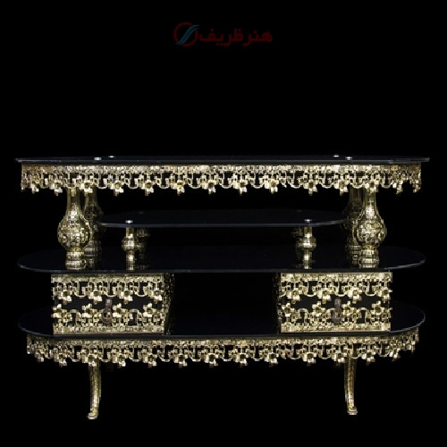 میز تلفن بیضی کوچک طرح غنچه شیشه جنس آلومینیوم و رنگ طلایی