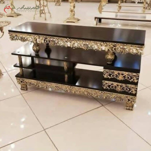 خرید، قیمت و مشخصات میز تلویزیون باکلاس و مدرن از جنس ام دی اف و برنزی با روکش برنز طرح گل لاله برجسته ارزان قیمت - چترزندگی