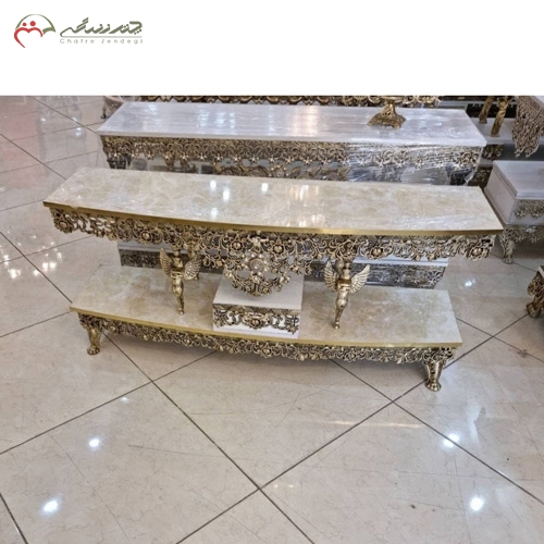 میز تلویزیون نیم گرد آلیاژ با چوب ام دی اف، طرح گل سرخ برجسته
