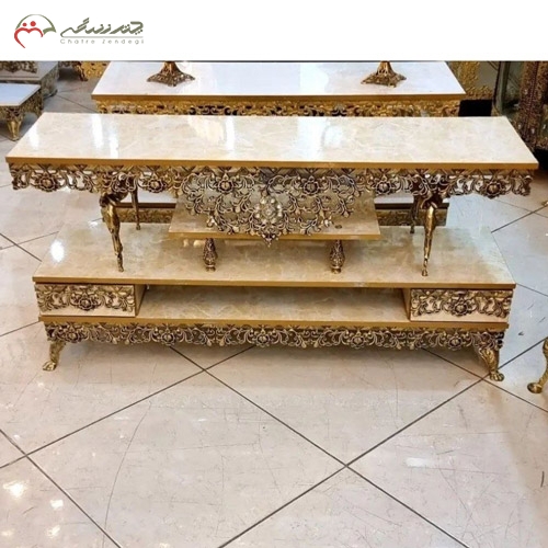 خرید، قیمت و مشخصات میز تلویزیون برنزی جدید با چوب ام دی اف هایگلس، طرح گل سرخ ارزان قیمت - چترزندگی