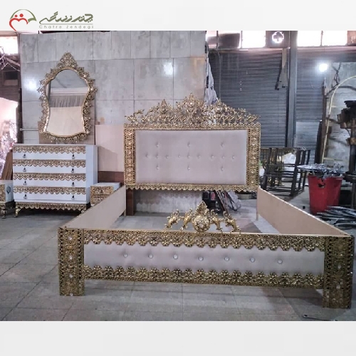 سرویس خواب برنزی دو نفره شامل تخت و آینه و کنسول با رنگ بندی و طراحی متنوع - چترزندگی
