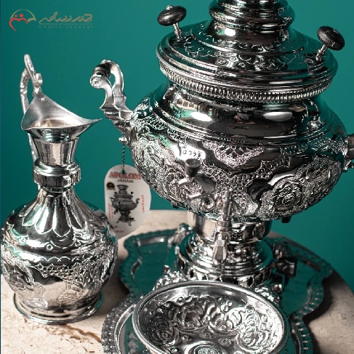 سماور گازی برنجی طرح عدسی گل و مرغ بدنه آبکاری شده با کروم و ضمانت 15 ماهه