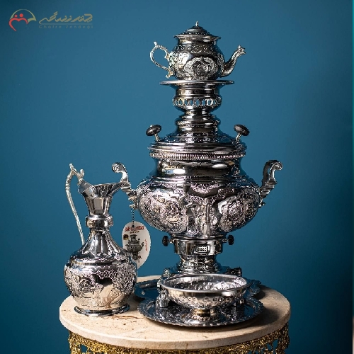 سماور گازی برنجی طرح عدسی گل و مرغ بدنه آبکاری شده با کروم و ضمانت 15 ماهه - چترزندگی