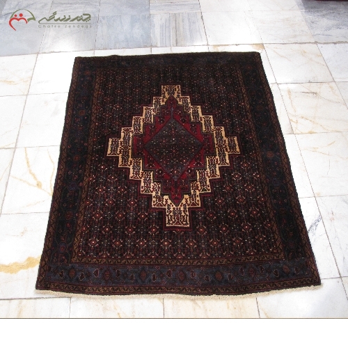 فرش دستبافت سنندج با طرح زمینه ترنج و حاشیه سرمه ای و نقشه تماشایی کد 39196 - چترزندگی