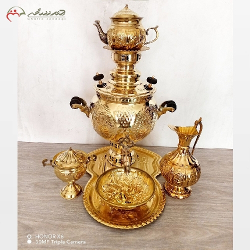 ست سماور 6 لیتری قلم زنی شده طرح هخامنشی با پارچ طرح شیردان بدنه رنگ ثابت با ضمانت - چترزندگی
