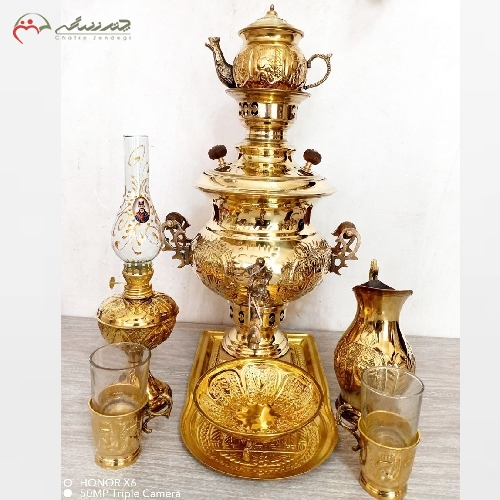 ست 8 پارچه سماور ذغالی تبریز در دو رنگ طلایی و آنتیک قلم زنی شده با طرح شیر و ضمانت - چترزندگی