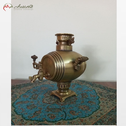 سماور ذغالی 1.5 لیتری طرح بشکه و دسته ها در دو طرح شاخه ای و خوابیده در دو رنگ طلایی و آنتیک با ضمانت ثبات رنگ - چترزندگی