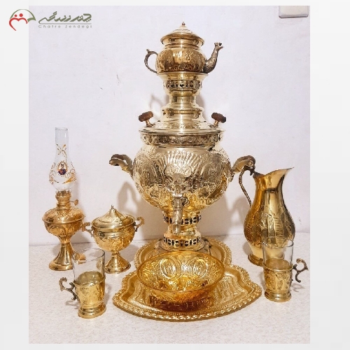 ست 9 پارچه سماور ذغالی بدنه قلم کاری و در دو رنگ آنتیک و طلایی و رنگ ثابت با ضمانت