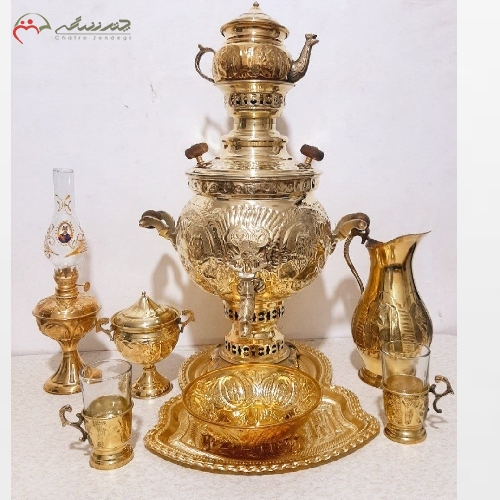 ست 9 پارچه سماور ذغالی بدنه قلم کاری و در دو رنگ آنتیک و طلایی و رنگ ثابت با ضمانت - چترزندگی