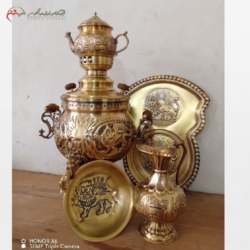 ست 5 پارچه سماور ذغالی طرح برجسته با سرویس شیردان قلم کاری شده
