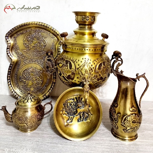 ست 5 پارچه سماور ذغالی تبریز مدل توپی با دسته های طرح ماری و مهر برجسته