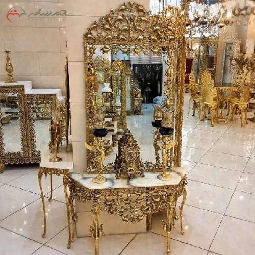 آینه شمعدان برنزی طرح بادمجانی و رویه سنگ مرمر با ضمانت رنگ و دوام بدنه - چترزندگی
