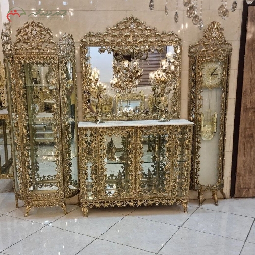 ست کامل کنسول، ساعت ایستاده و بوفه سه طبقه برنزی طرح بادمجانی و بدنه کار شده و شیک