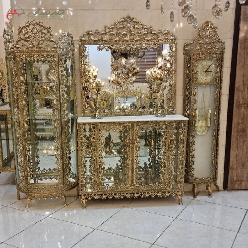 ست کامل کنسول، ساعت ایستاده و بوفه سه طبقه برنزی طرح بادمجانی و بدنه کار شده و شیک - چترزندگی