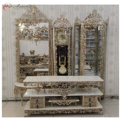 سرویس جهیزیه تمام برنزی طرح گل سرخ شامل میزتلویزیون، بوفه، ساعت و آینه کنسول - چترزندگی