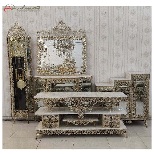 سرویس چهار پارچه جهیزیه برنزی گل سرخ شامل میزتلویزیون، جاکفشی، آینه و کنسول و ساعت - چترزندگی