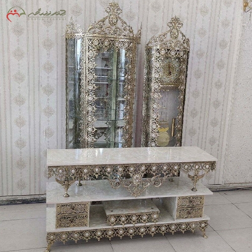 ست سه پارچه تمام برنزی، بدنه طرح آفتابگردان و رویه میز تلویزیون از ام دی اف با ضمانت رنگ بدنه کد 8033 - چترزندگی